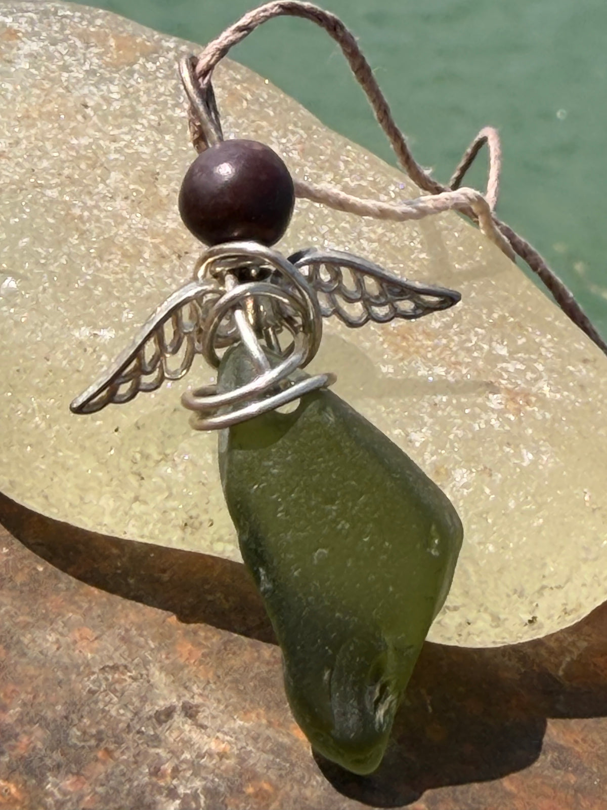 Guardian angel necklace, sea glass necklace, unique necklace, eco friendly gift for her. Ethical jewellery, boho necklace, angel pendant