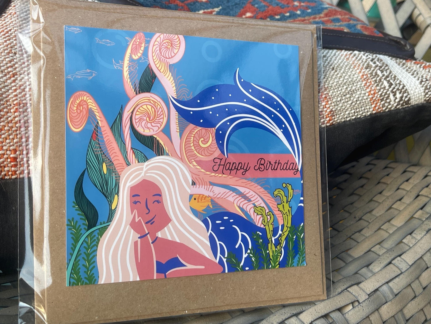 Mermaid card, recycled card, birthday card. Eco friendly card. Handmade card, blank gift card, kids birthday card. Under the sea.