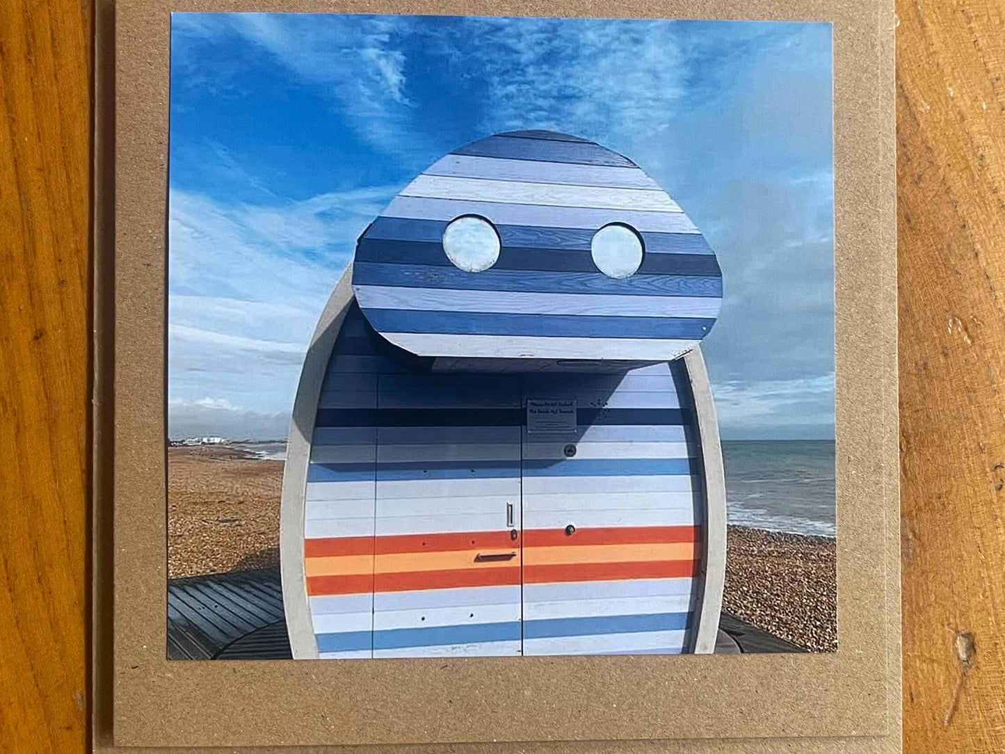 Robot card, beach hut card, handmade card, recycled card. Birthday card, Unusual card for him, card for her. Robot presents. Seaside card.