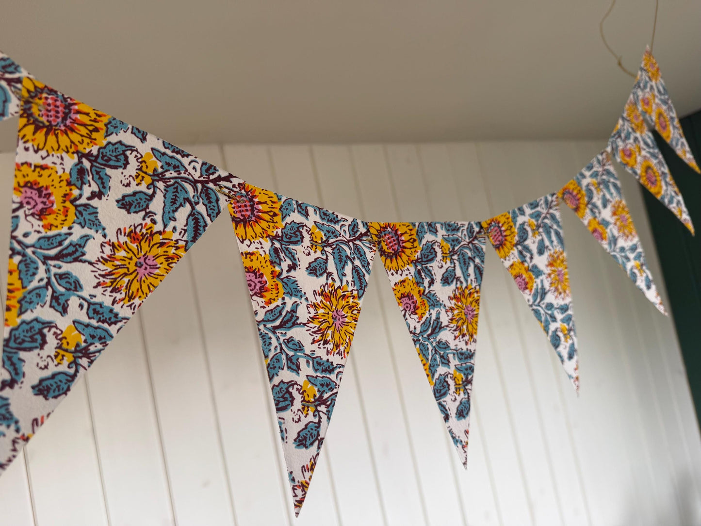 Recycled bunting for the home, parties and weddings. Eco friendly bunting. Handmade party decorations. Sunflower bunting. Pretty party decor