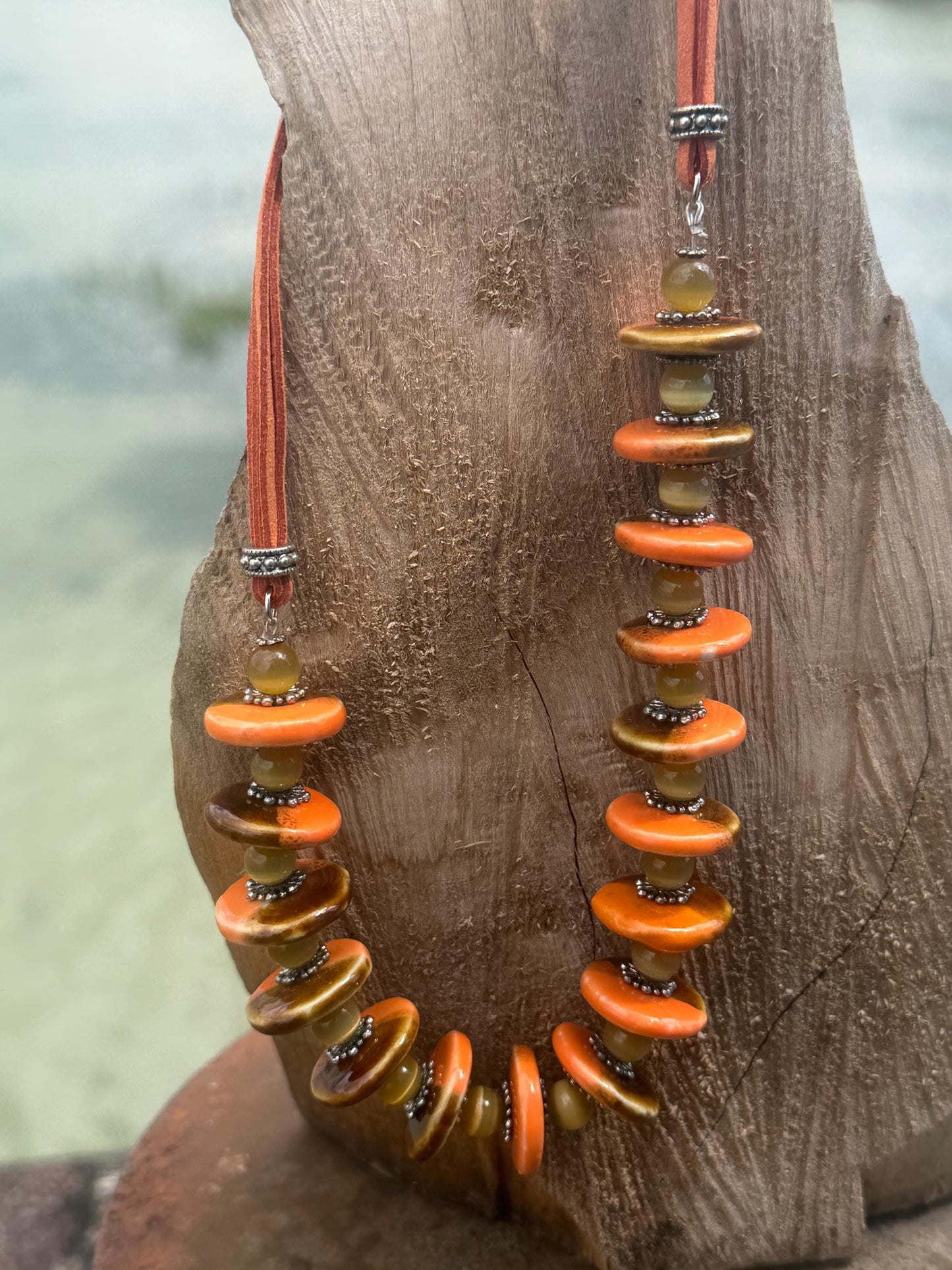 Joyful orange statement necklace. Vintage jewellery, ethical jewellery, orange pendant, boho unique necklace. Eco friendly jewellery.