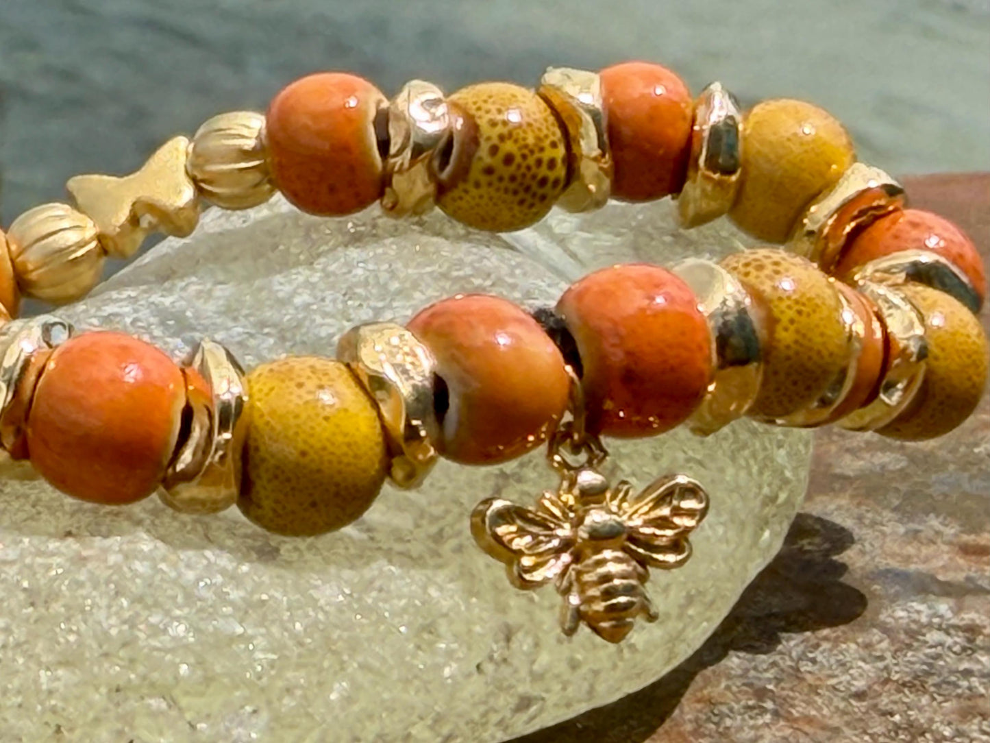 Bee bracelet, boho jewellery, butterfly bracelet, gift for her, handmade glass bracelet, bee jewellery, butterfly jewellery, yellow bracelet