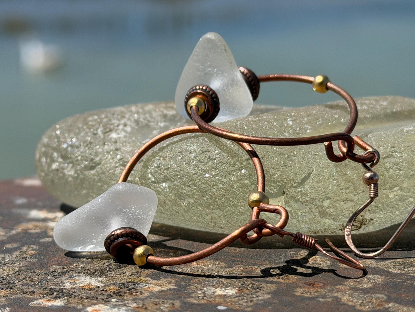 Eco friendly glass hoops on recycled copper.. Unique earrings, ethical jewellery, unusual boho jewellery, eco friendly jewellery. Eco gifts.