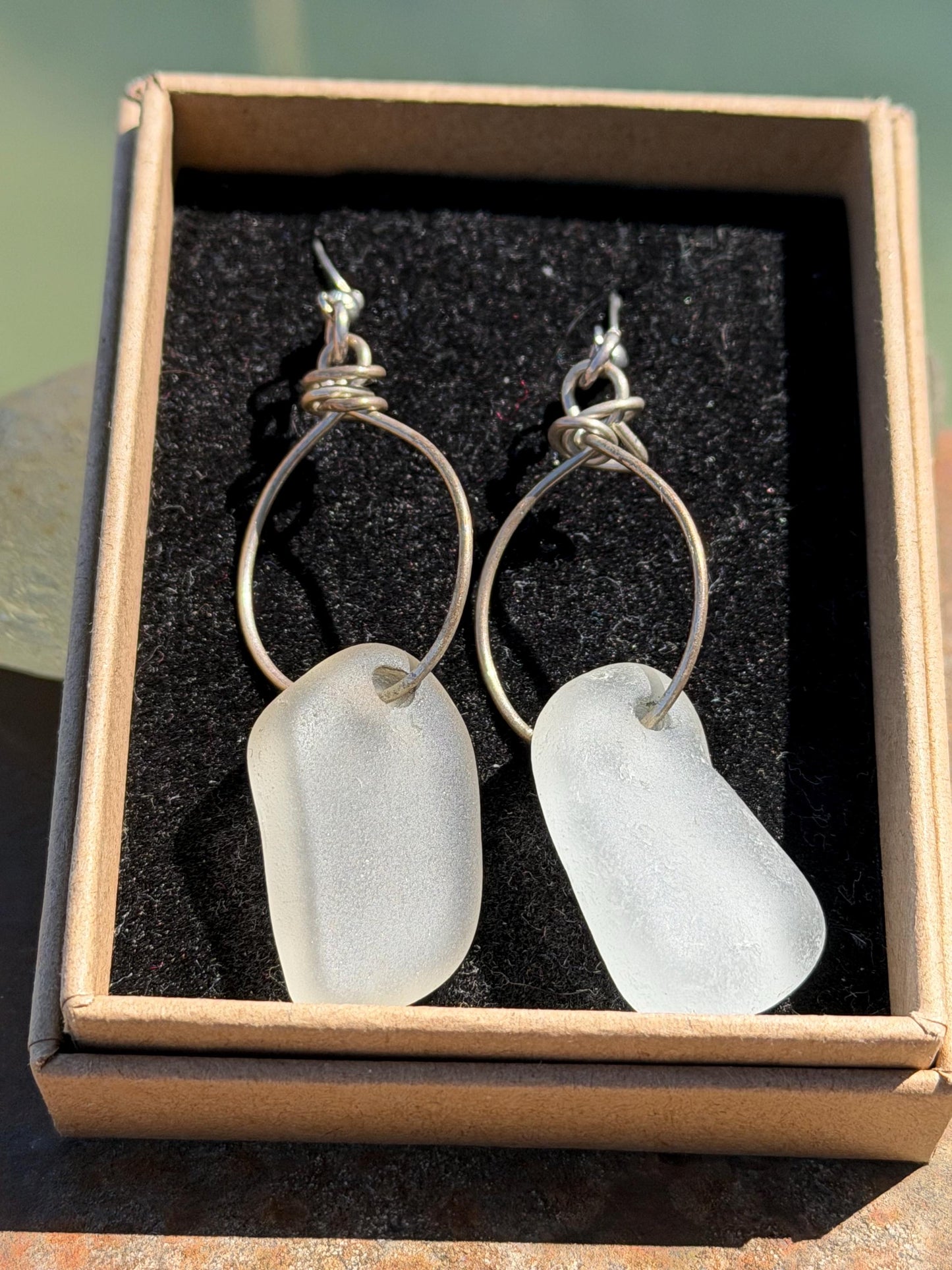 Handmade earrings. Recycled earrings, sea glass earrings on sterling silver. Handmade gift for her, ethical jewellery, sea glass jewellery