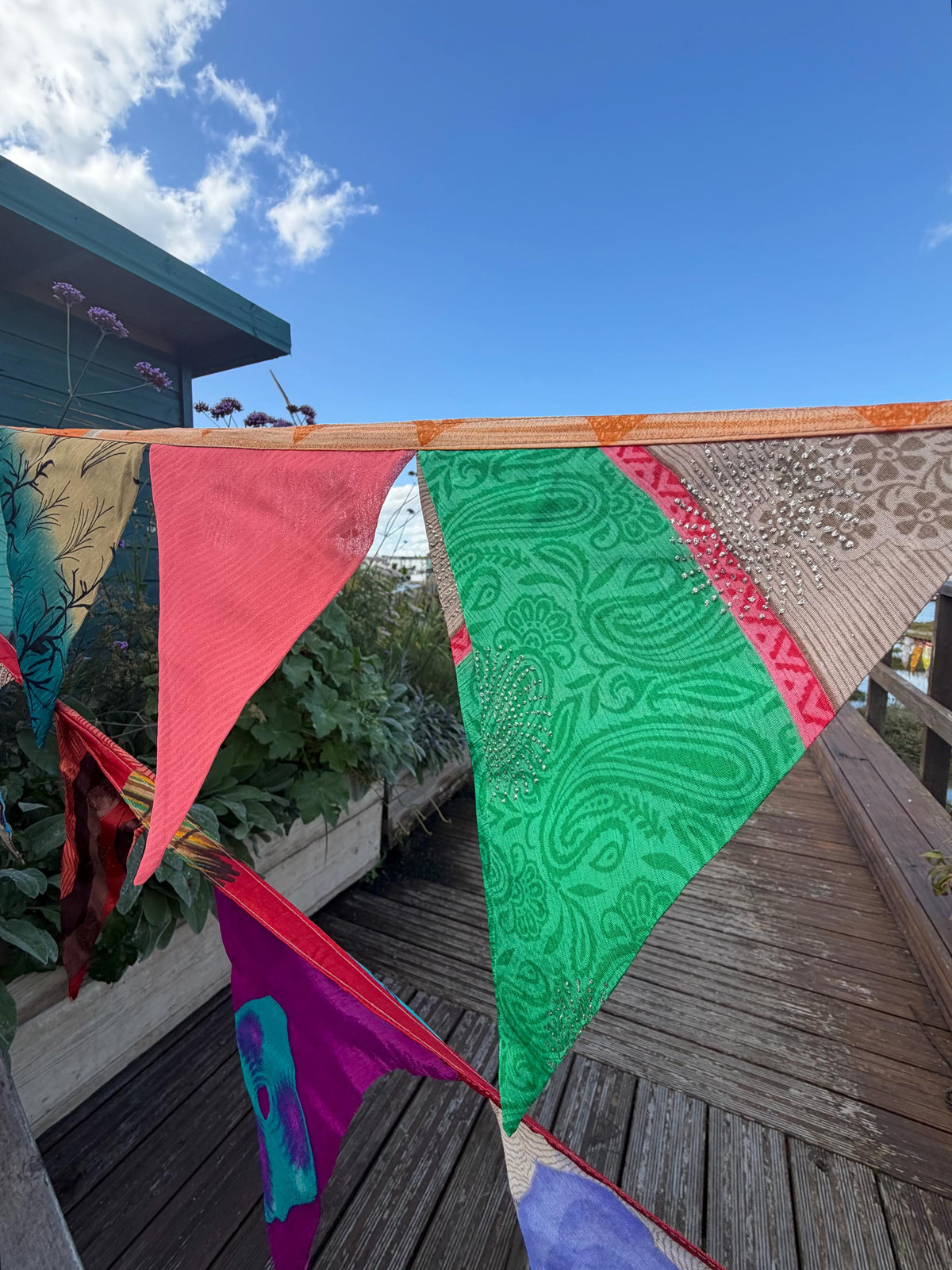 LONG MULTI-COLOURED bunting. Party decs, wedding bunting, recycled sari bunting. Double length silk sari bunting. Eco friendly and handmade