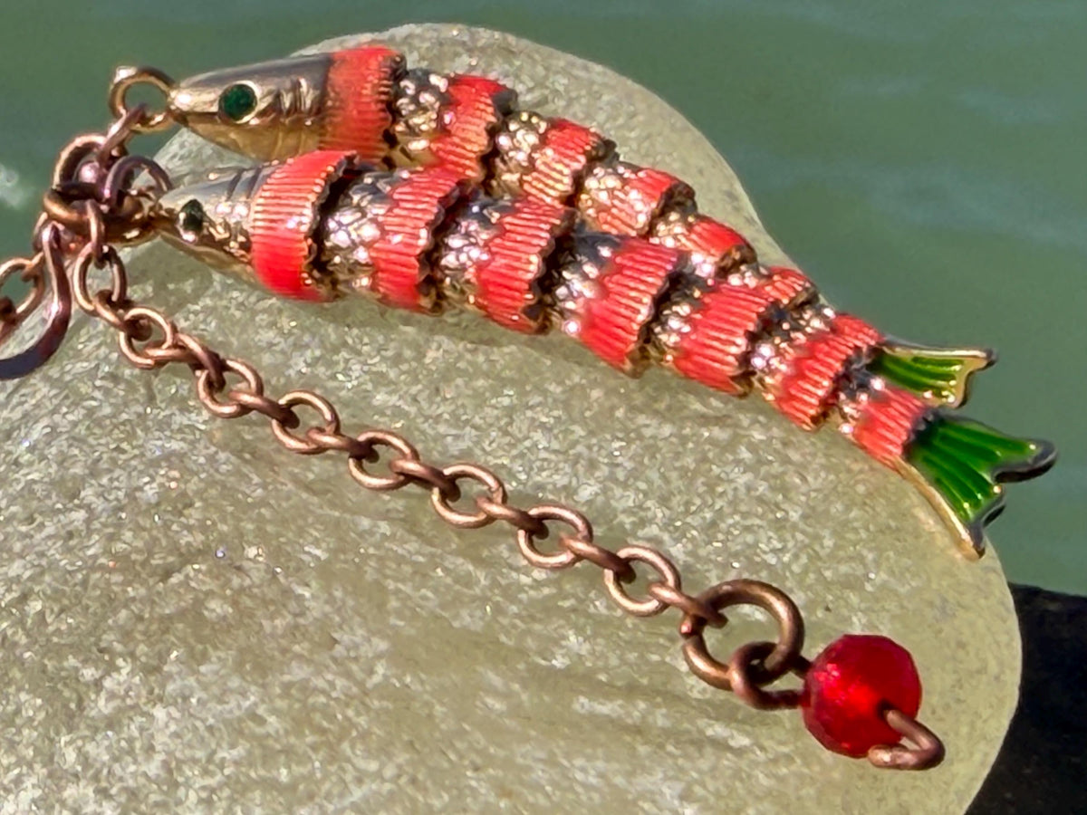 Red articulated fish earrings. Articulated jewellery. Eco friendly handmade jewellery. Boho unusual earrings. Ethical and unique earrings.