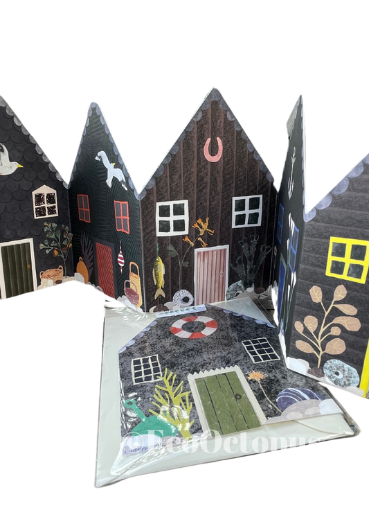 Recycled greetings card. Concertina style. Fisherman’s Huts.