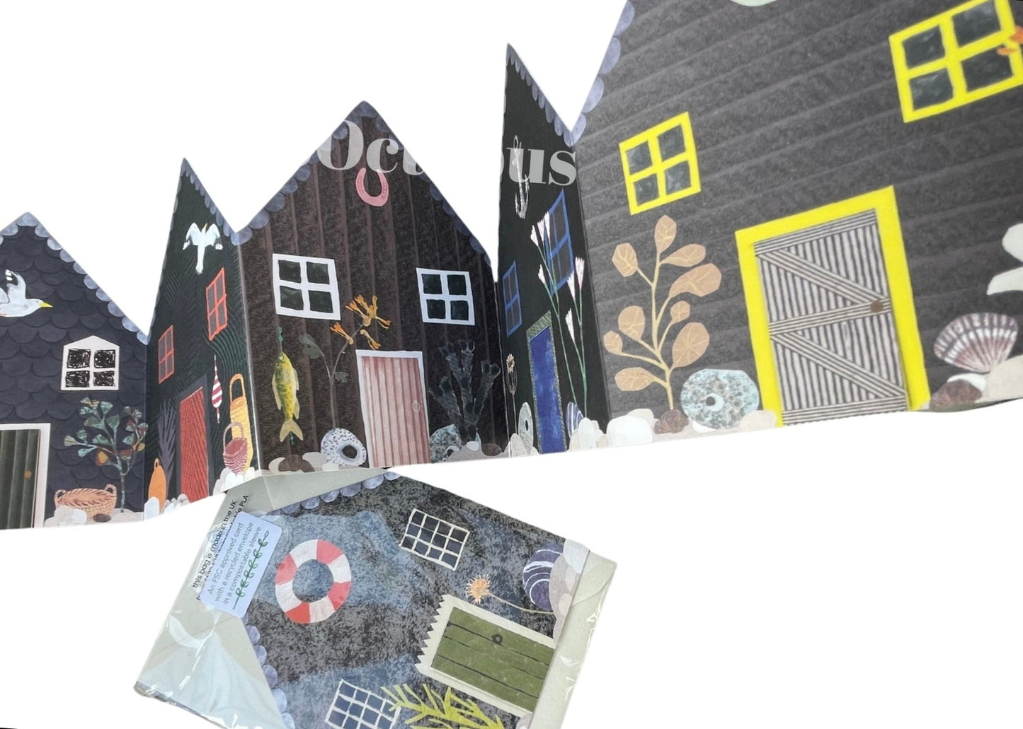 Recycled greetings card. Concertina style. Fisherman’s Huts.