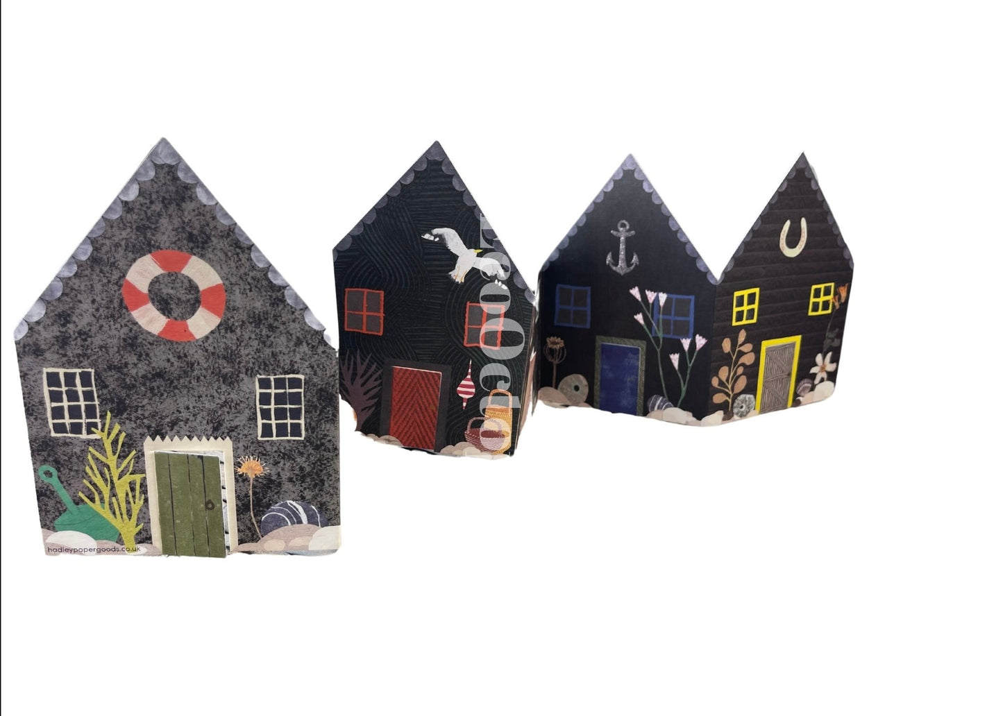 Recycled greetings card. Concertina style. Fisherman’s Huts.