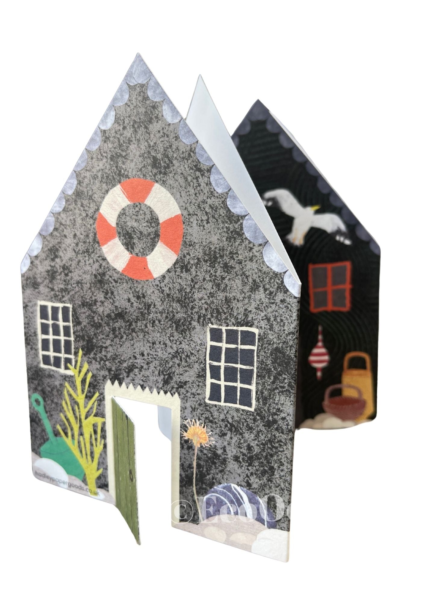 Recycled greetings card. Concertina style. Fisherman’s Huts.