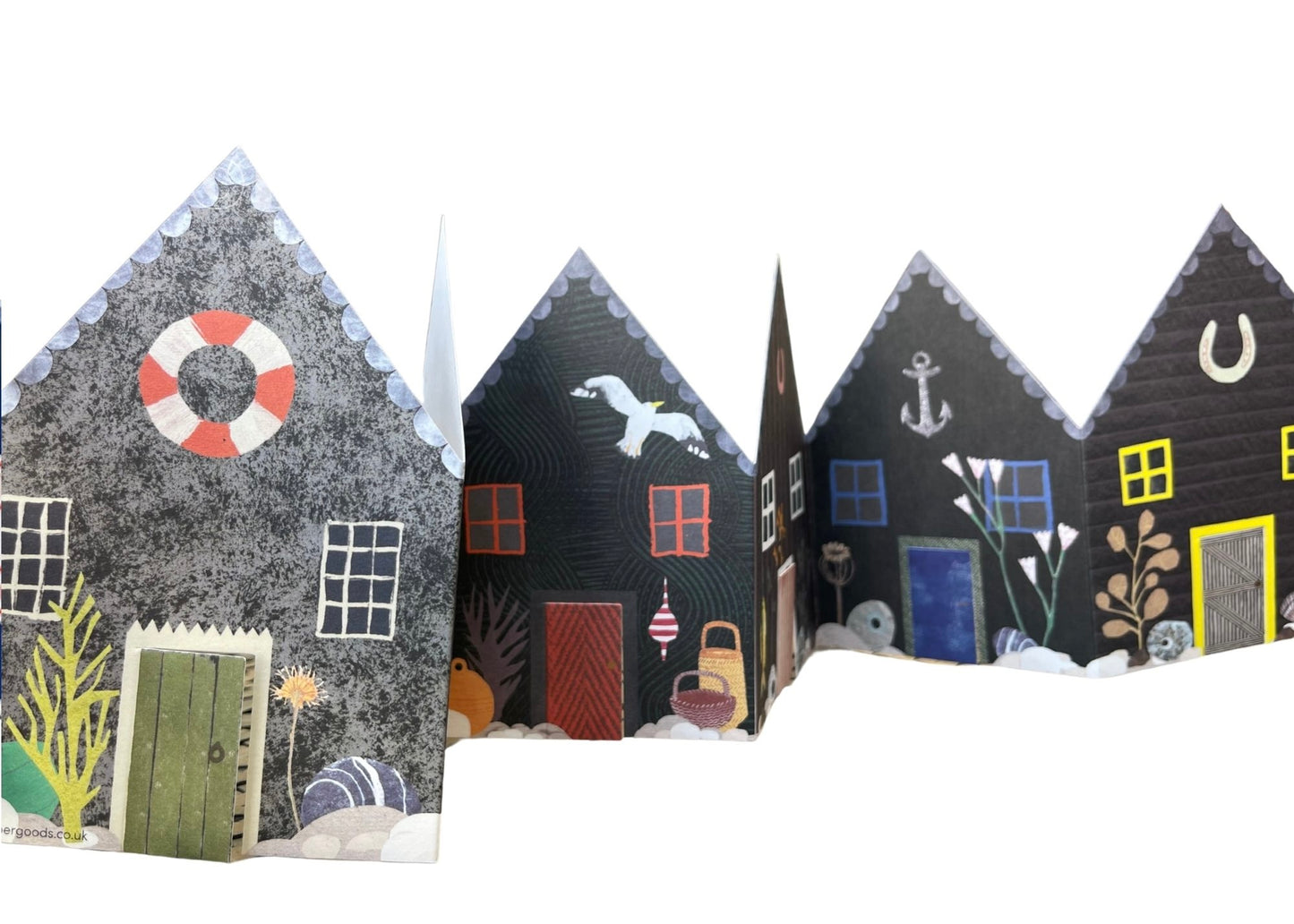 Recycled greetings card. Concertina style. Fisherman’s Huts.