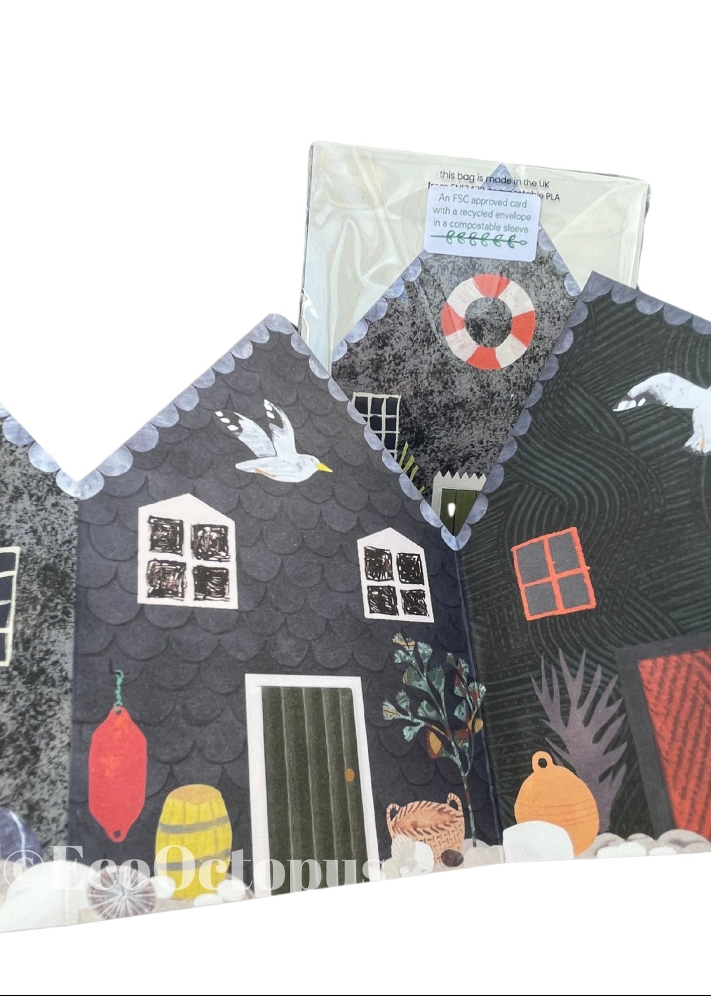 Recycled greetings card. Concertina style. Fisherman’s Huts.