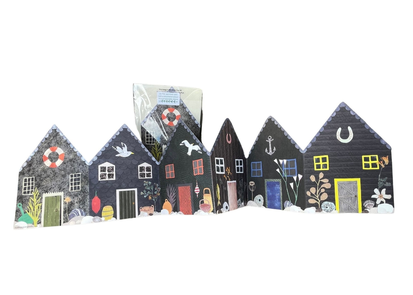 Recycled greetings card. Concertina style. Fisherman’s Huts.