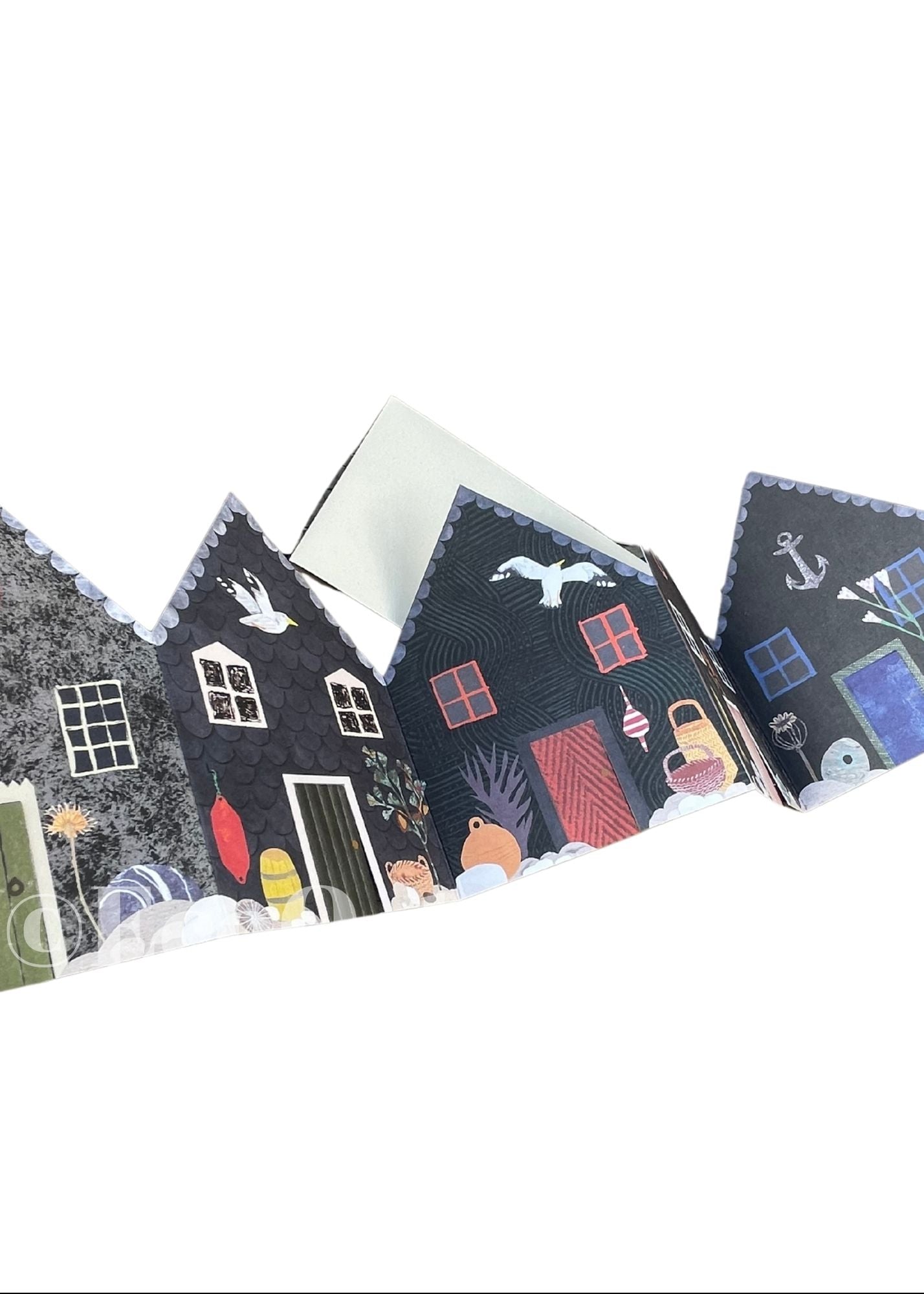 Recycled greetings card. Concertina style. Fisherman’s Huts.