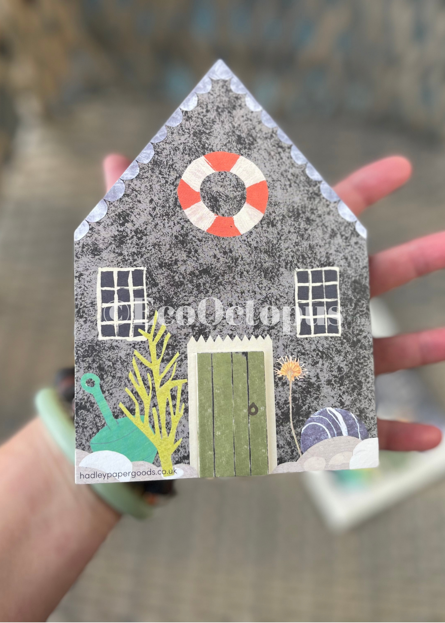 Recycled greetings card. Concertina style. Fisherman’s Huts.