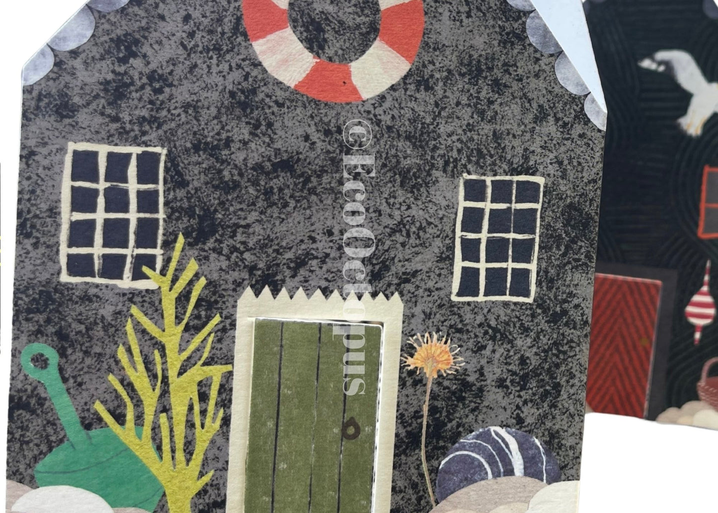 Recycled greetings card. Concertina style. Fisherman’s Huts.