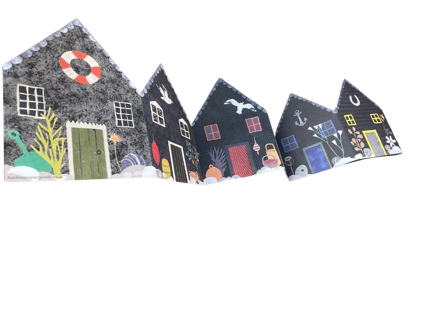 Recycled greetings card. Concertina style. Fisherman’s Huts.