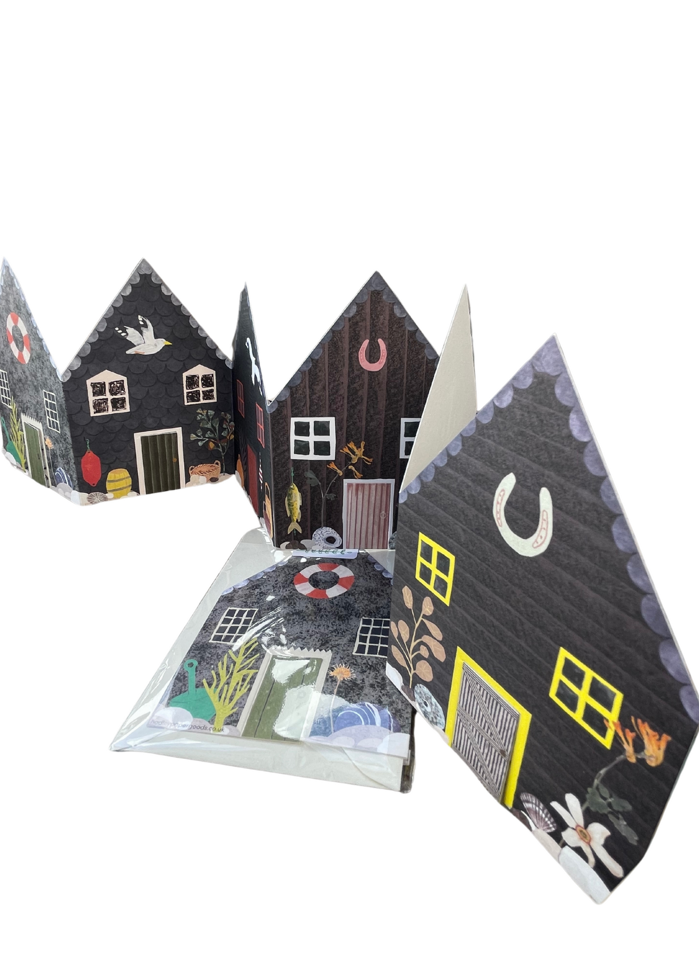 Recycled greetings card. Concertina style. Fisherman’s Huts.