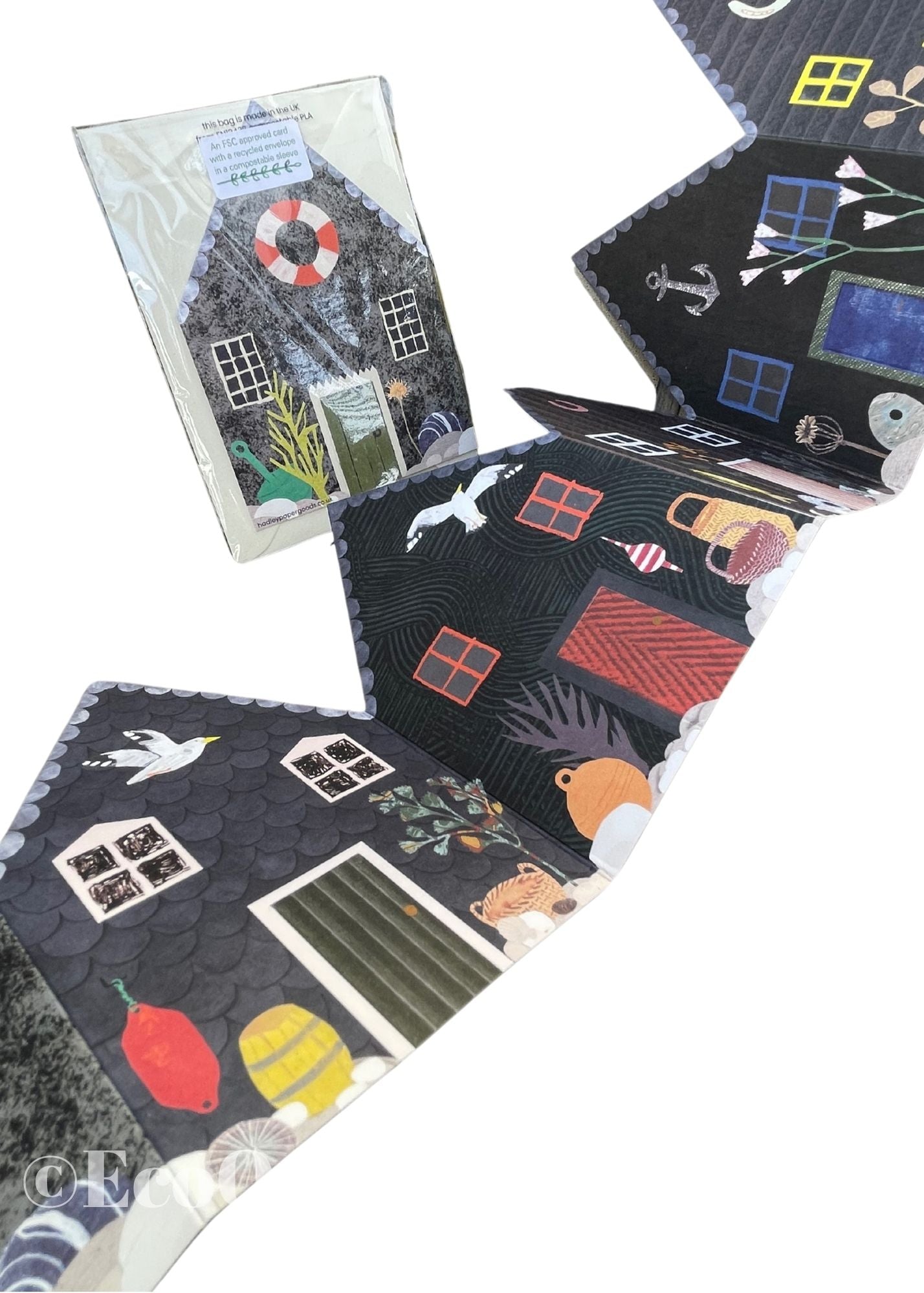 Recycled greetings card. Concertina style. Fisherman’s Huts.