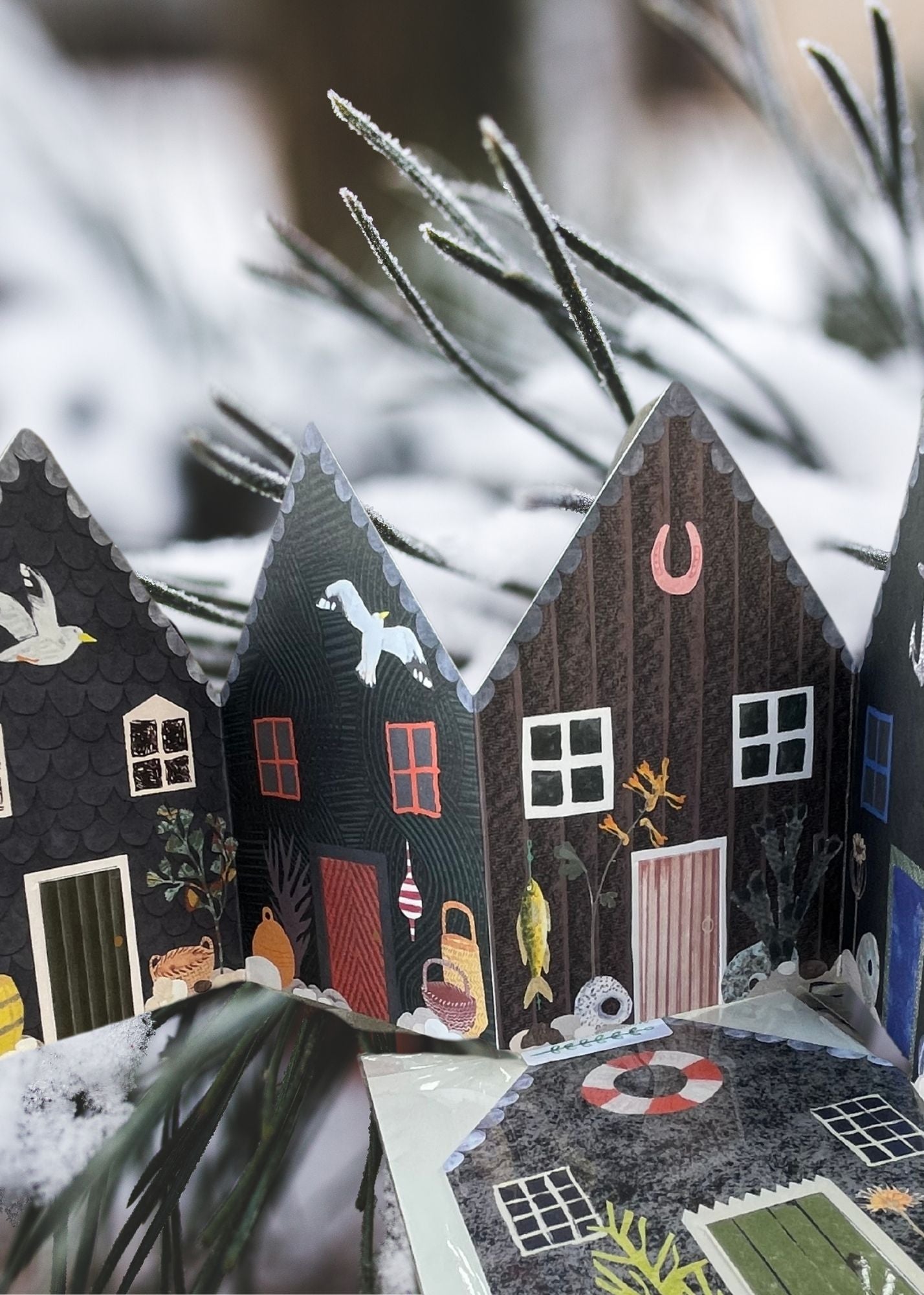 Recycled greetings card. Concertina style. Fisherman’s Huts.