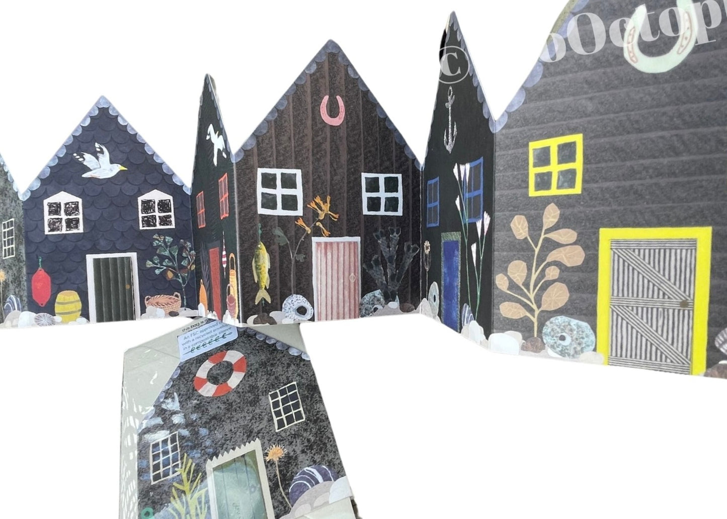 Recycled greetings card. Concertina style. Fisherman’s Huts.