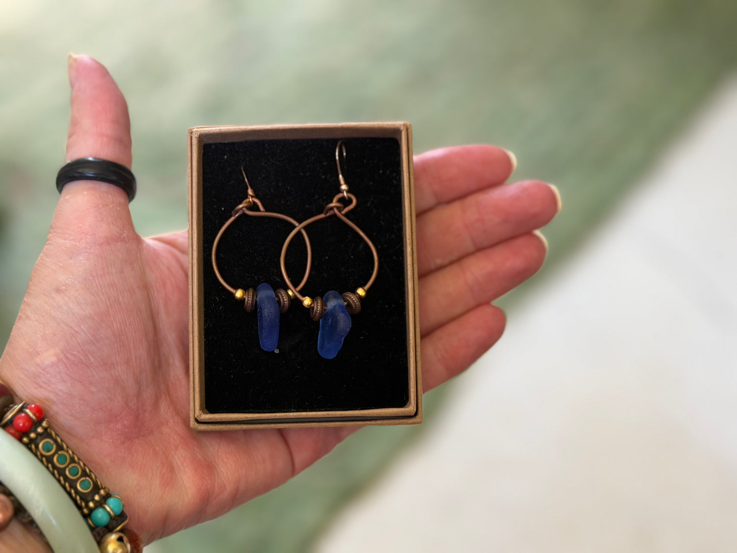 Handmade earrings. Sustainable jewellery, blue sea glass earrings. Handmade earrings, gift for her, eco friendly jewellery, ethical gifts