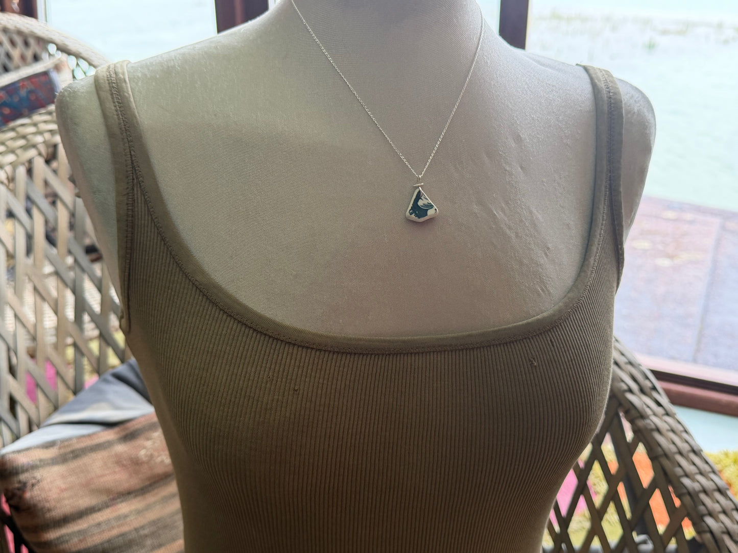 Eco friendly sea ceramic necklace on a sterling silver chain. Eco friendly jewellery, ethical jewellery. Eco friendly necklace.