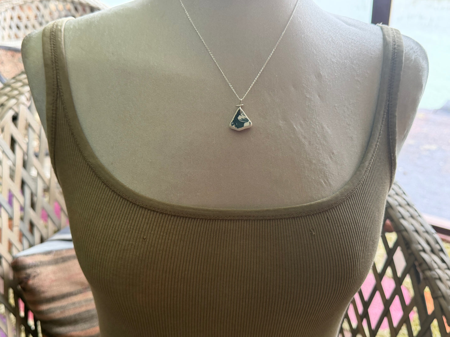 Eco friendly sea ceramic necklace on a sterling silver chain. Eco friendly jewellery, ethical jewellery. Eco friendly necklace.