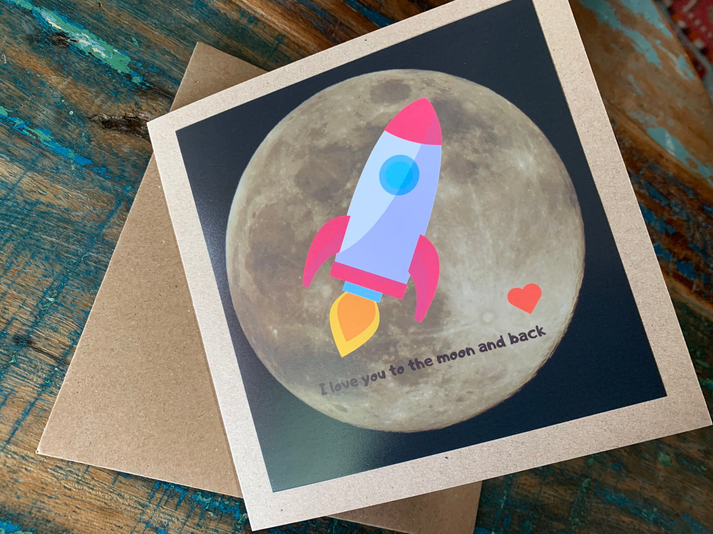 recycled card, space card, romantic card, love card, eco card. Handmade card, birthday rocket card, birthday card for boy, moon card