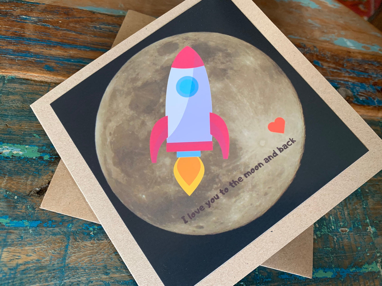 recycled card, space card, romantic card, love card, eco card. Handmade card, birthday rocket card, birthday card for boy, moon card