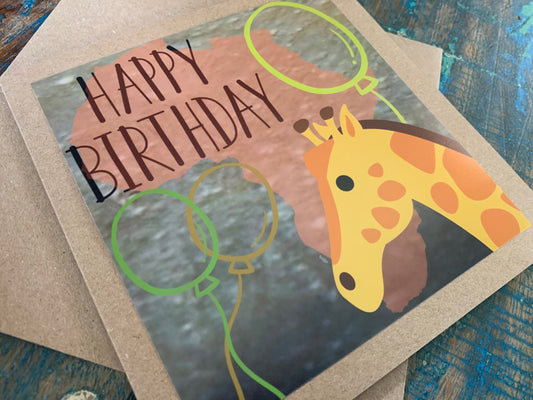 Giraffe card, recycled card, birthday card. Eco friendly card. Handmade card, blank gift card, Africa card, kids birthday safari card jungle