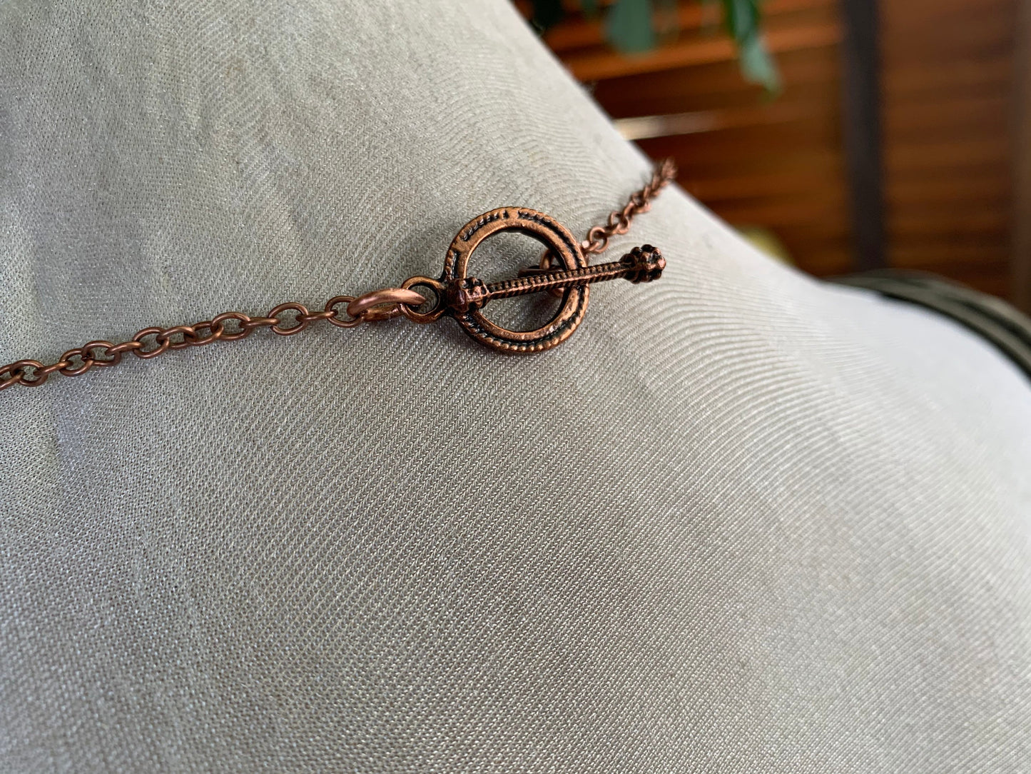 Eco friendly handmade necklace made from moss agate & naturally weathered recycled copper. Ethical jewellery. Unique handmade jewellery.