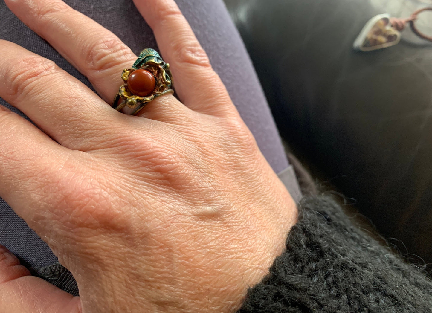 SALE Red jasper ring with painted tree roots, leaves & flowers. Unique ring, unique gift for her. Ethical ring, boho ring, flower ring