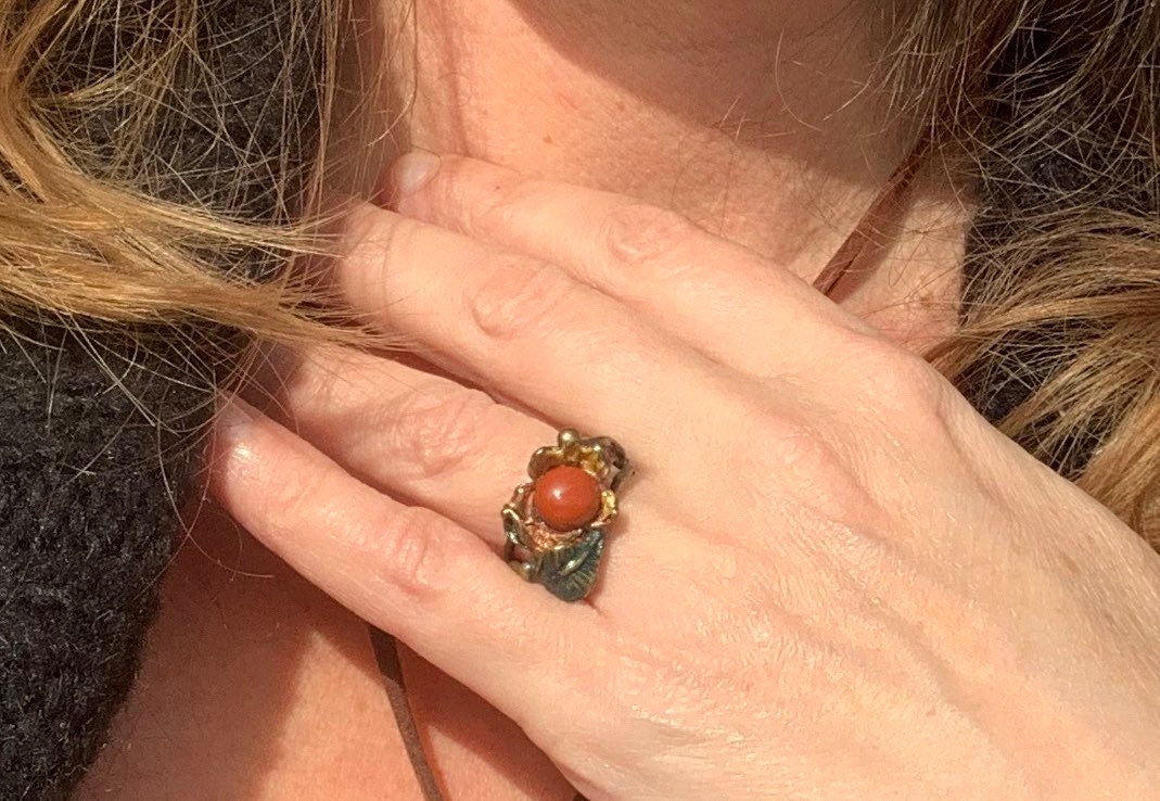 SALE Red jasper ring with painted tree roots, leaves & flowers. Unique ring, unique gift for her. Ethical ring, boho ring, flower ring