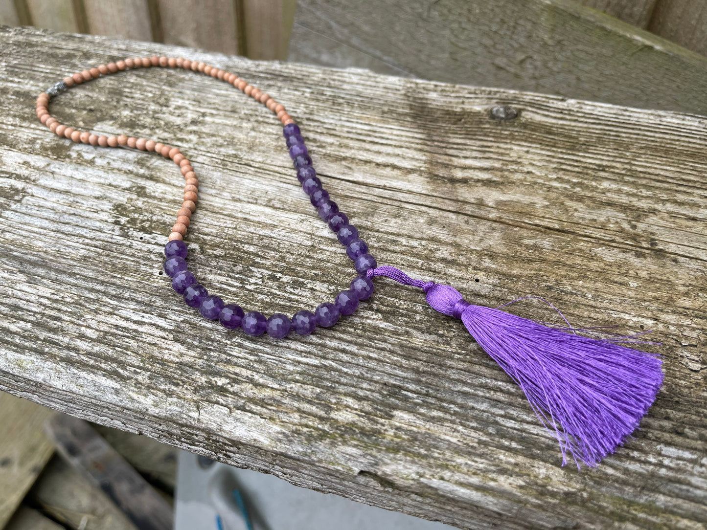 Sandalwood and amethyst necklace, yoga necklace, boho necklace. Hippy necklace, amethyst jewellery, handmade necklace, worry beads