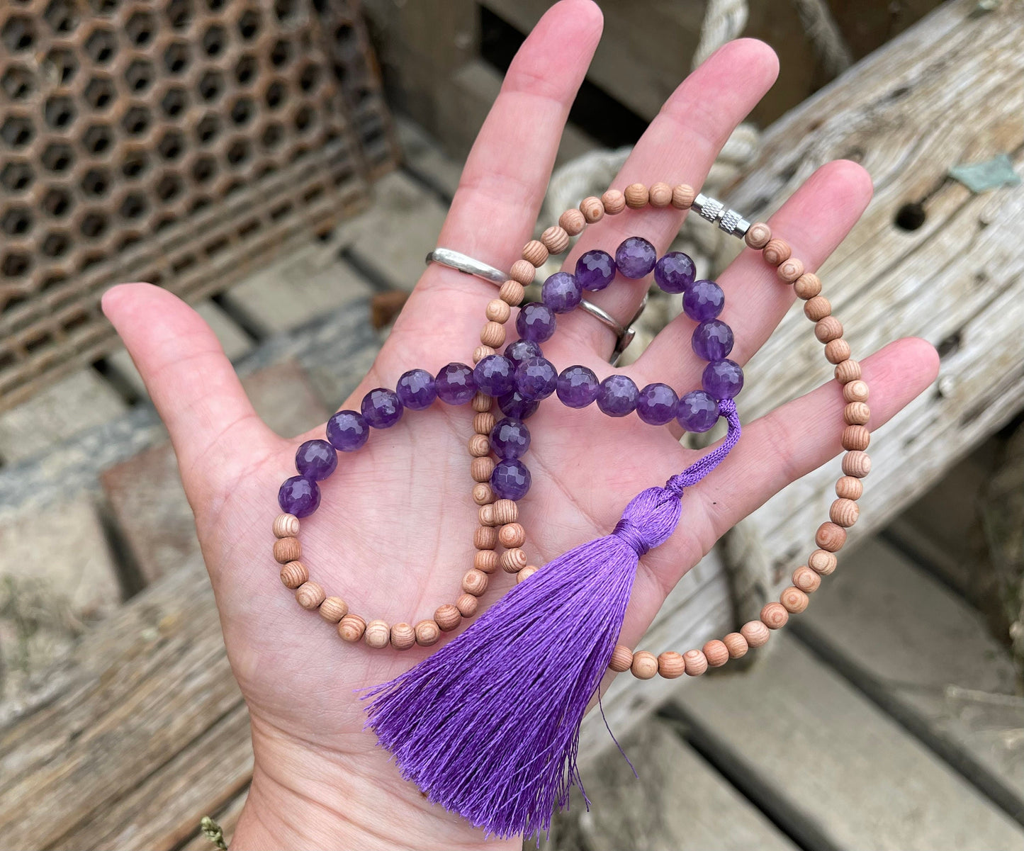 Sandalwood and amethyst necklace, yoga necklace, boho necklace. Hippy necklace, amethyst jewellery, handmade necklace, worry beads