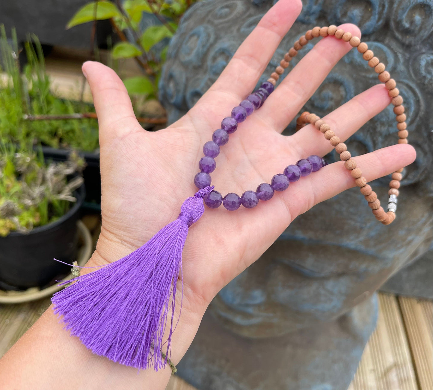 Sandalwood and amethyst necklace, yoga necklace, boho necklace. Hippy necklace, amethyst jewellery, handmade necklace, worry beads