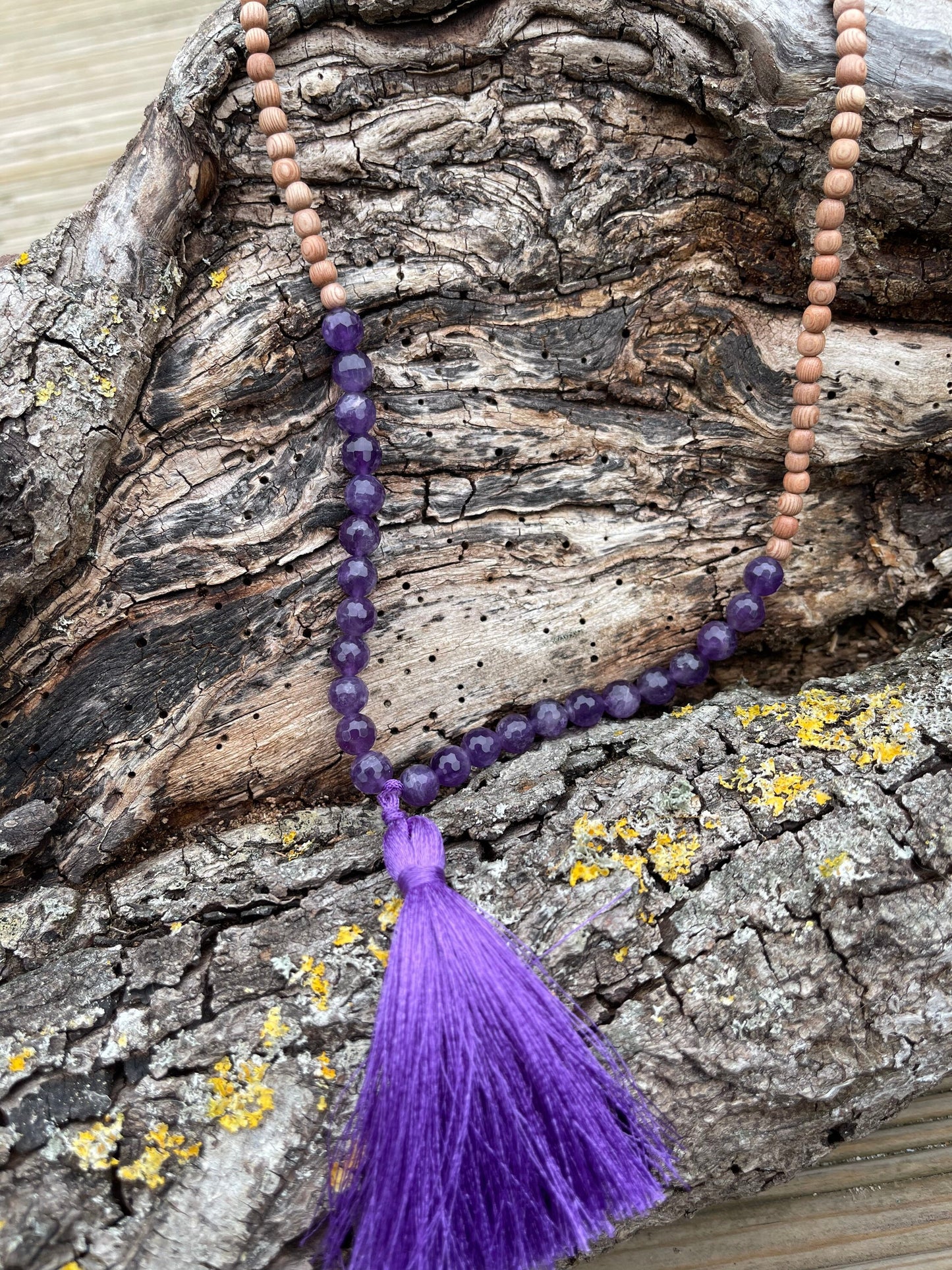 Sandalwood and amethyst necklace, yoga necklace, boho necklace. Hippy necklace, amethyst jewellery, handmade necklace, worry beads