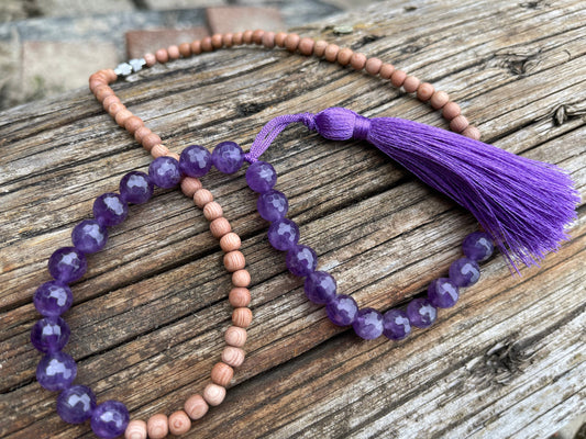 Sandalwood and amethyst necklace, yoga necklace, boho necklace. Hippy necklace, amethyst jewellery, handmade necklace, worry beads