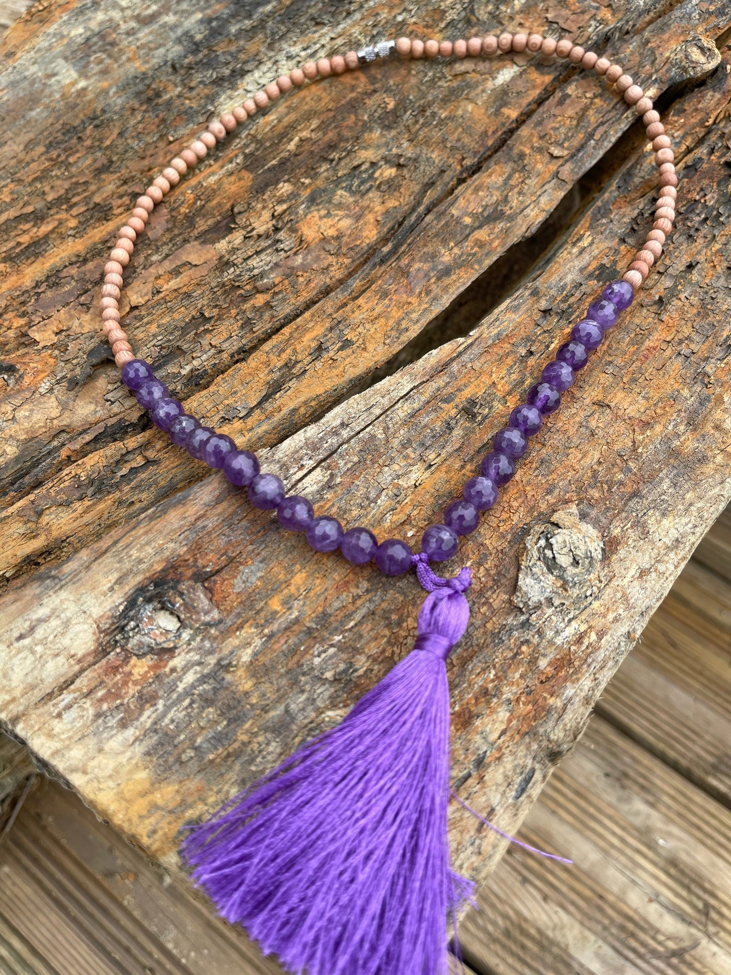 Sandalwood and amethyst necklace, yoga necklace, boho necklace. Hippy necklace, amethyst jewellery, handmade necklace, worry beads