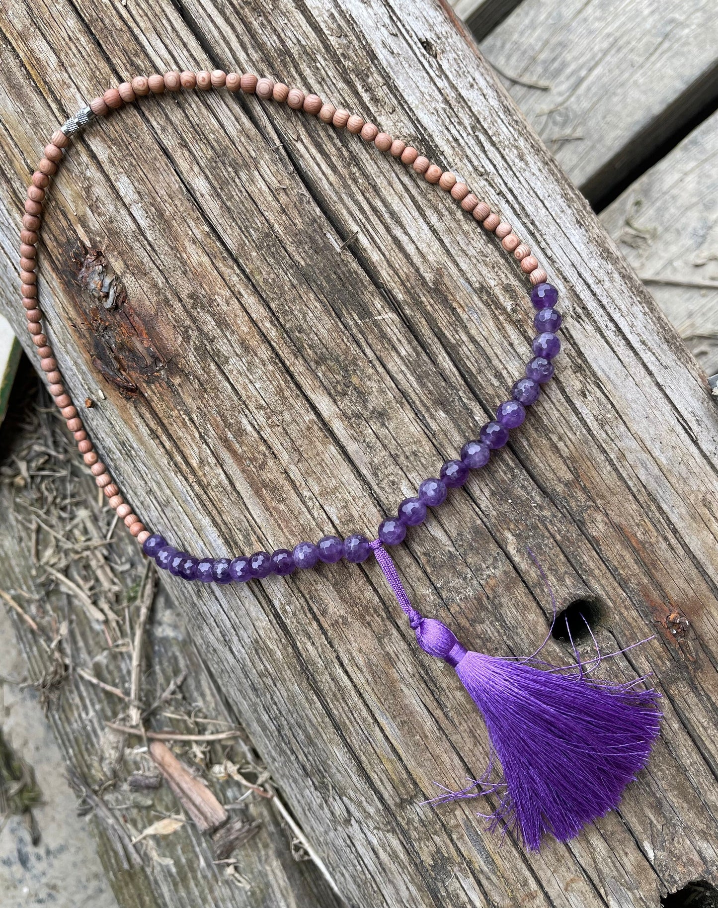 Sandalwood and amethyst necklace, yoga necklace, boho necklace. Hippy necklace, amethyst jewellery, handmade necklace, worry beads