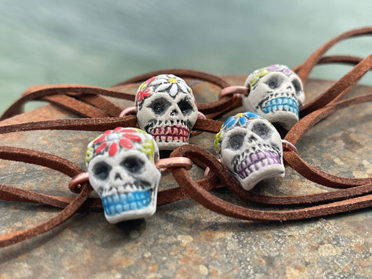 Clay choker necklaces. Hand painted, skull necklace. Skeleton necklace, day of the dead jewellery, Halloween necklace, skull bracelet, goth