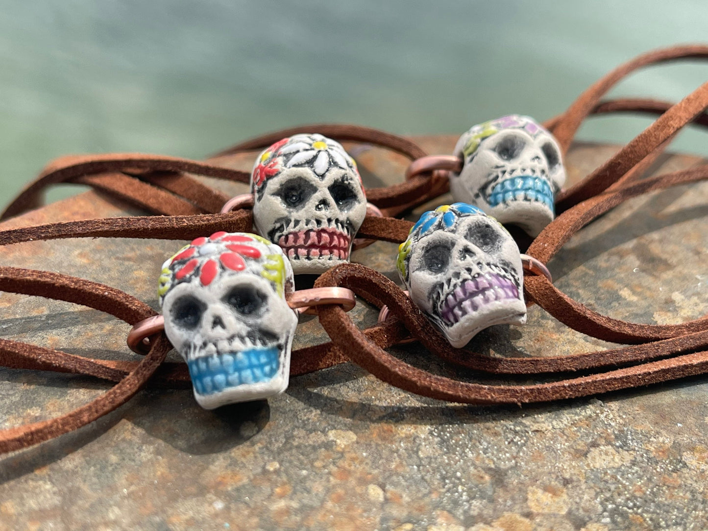 Clay choker necklaces. Hand painted, skull necklace. Skeleton necklace, day of the dead jewellery, Halloween necklace, skull bracelet, goth