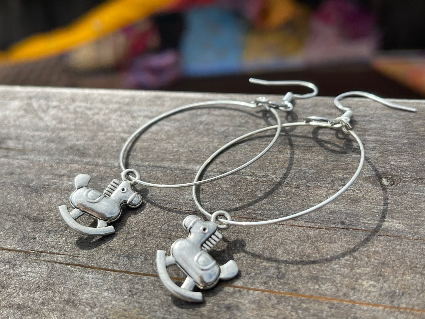 Rocking horse earrings, eco earrings, Gift for her, hippy earrings, gift for horse rider, boho earrings, horse jewellery, silver earrings