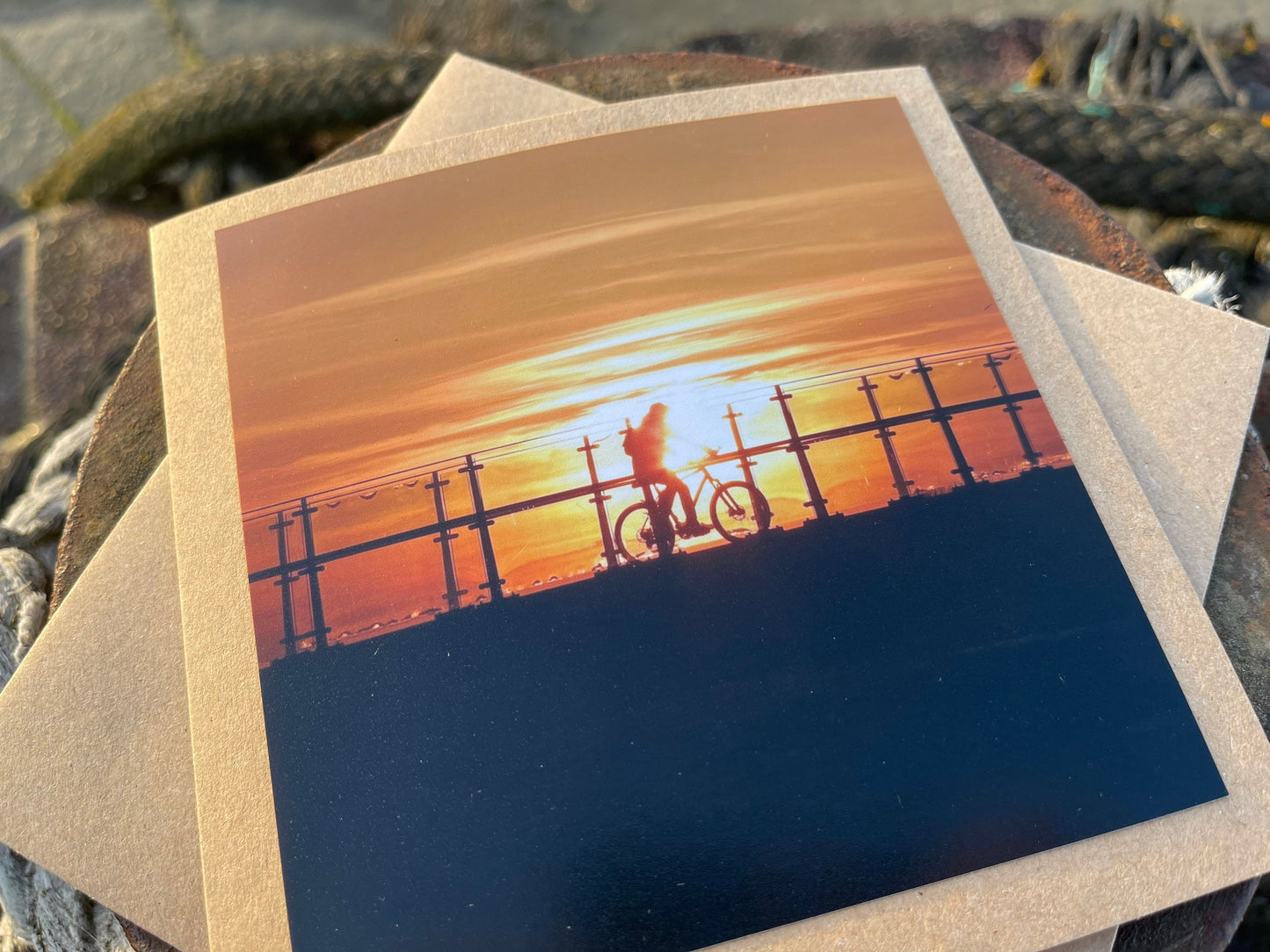 Sunset card, recycled card, birthday card, wind farm, Eco friendly card. Handmade card. Thank you card, bike card, eco card, cycling card