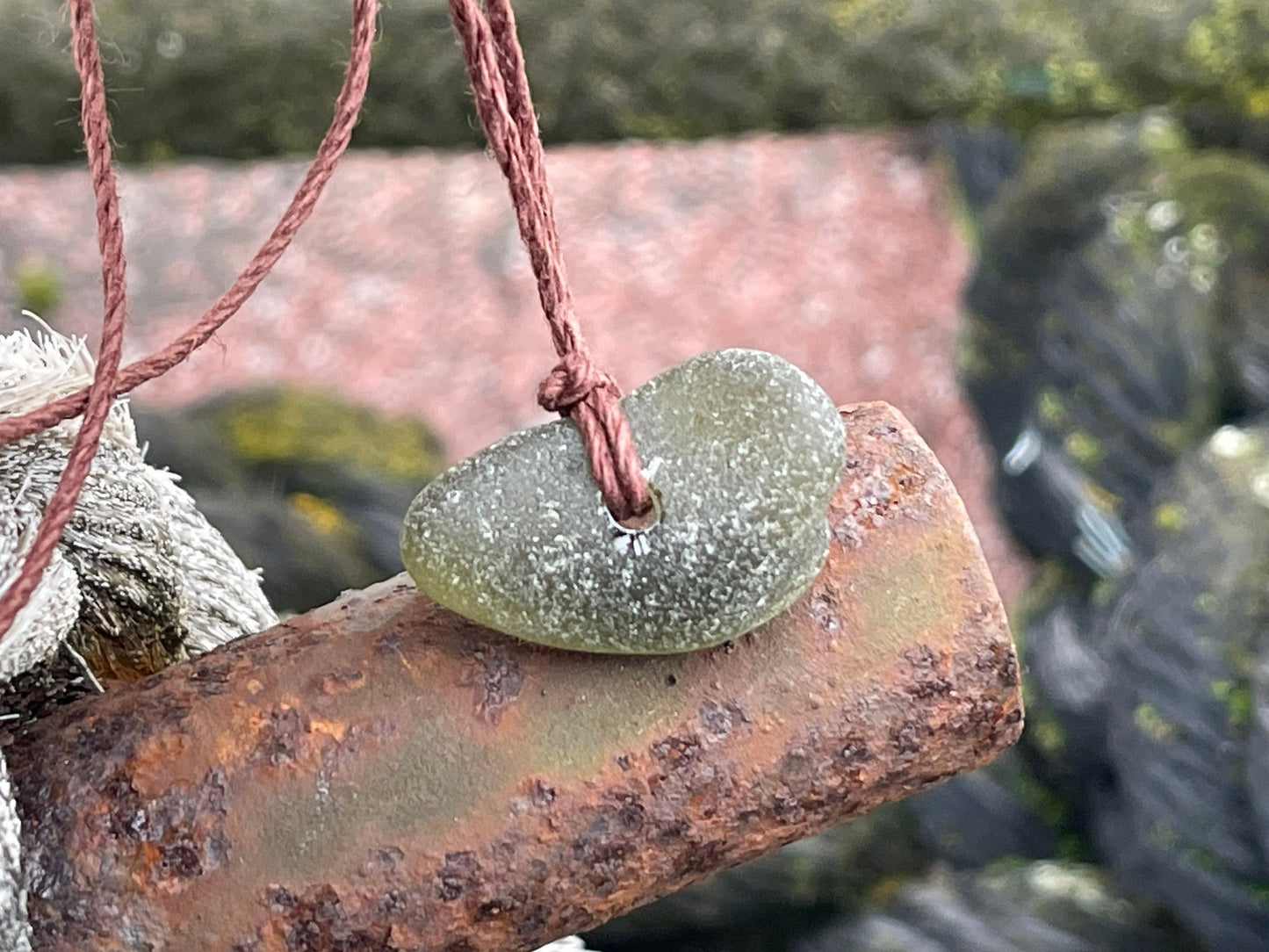 Rustic sea glass necklace. Recycled boho necklace, unisex necklace. Surf necklace, hippy necklace. Gift for him, Sea glass pendant