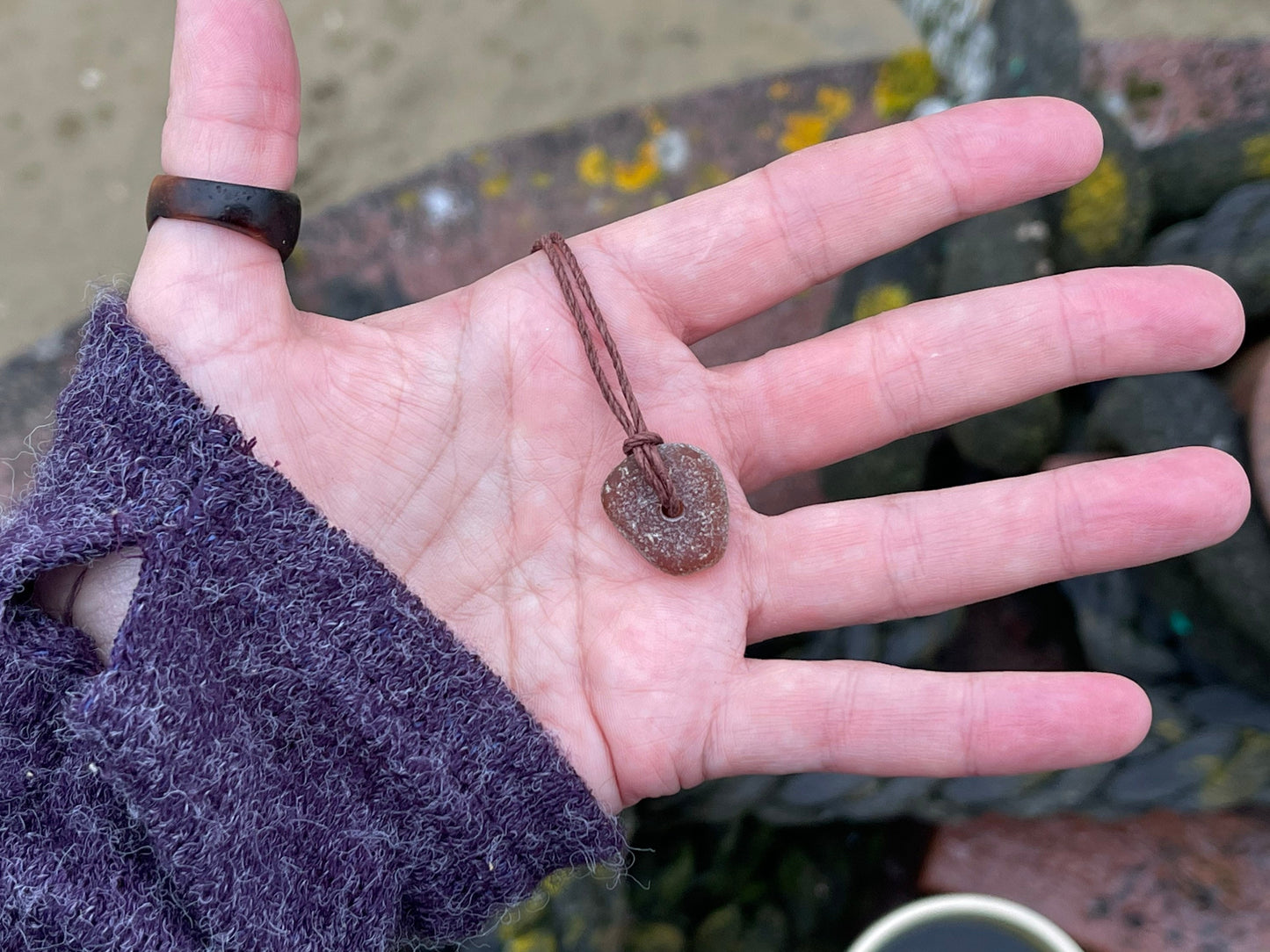 Rustic sea glass necklace. Recycled boho necklace, unisex necklace. Surf necklace, hippy necklace. Gift for him, Sea glass pendant