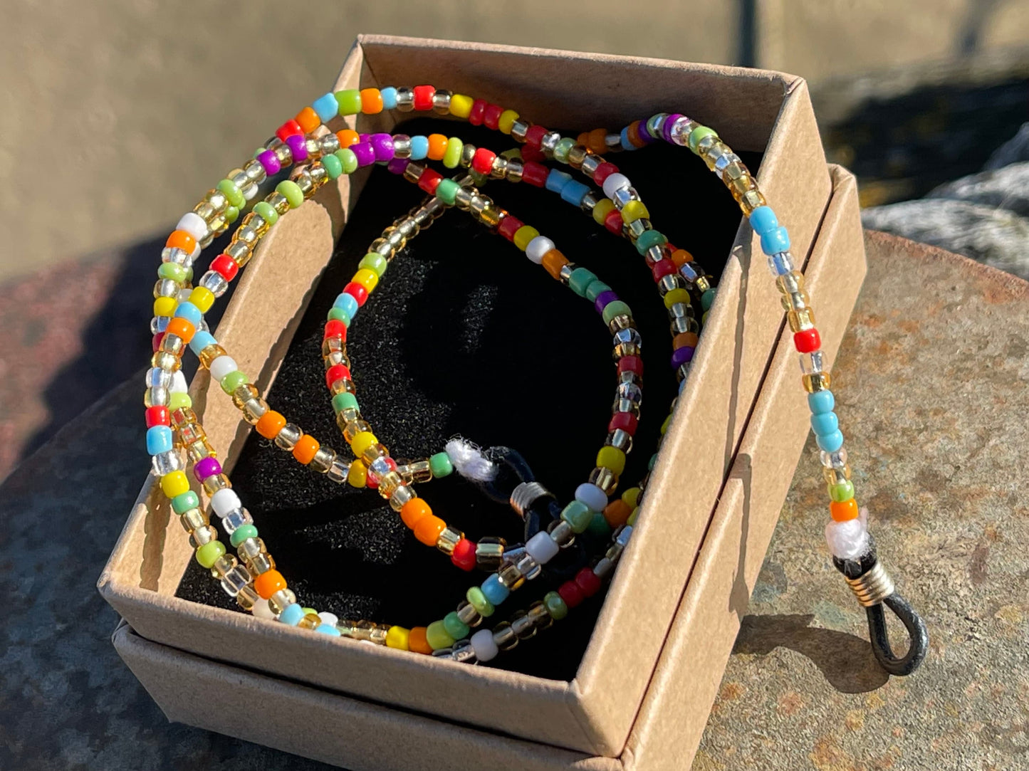 Recycled glasses chain, funky glasses holder, eco friendly glasses chain, ethical jewellery, rainbow glasses chain, boho recycled jewellery