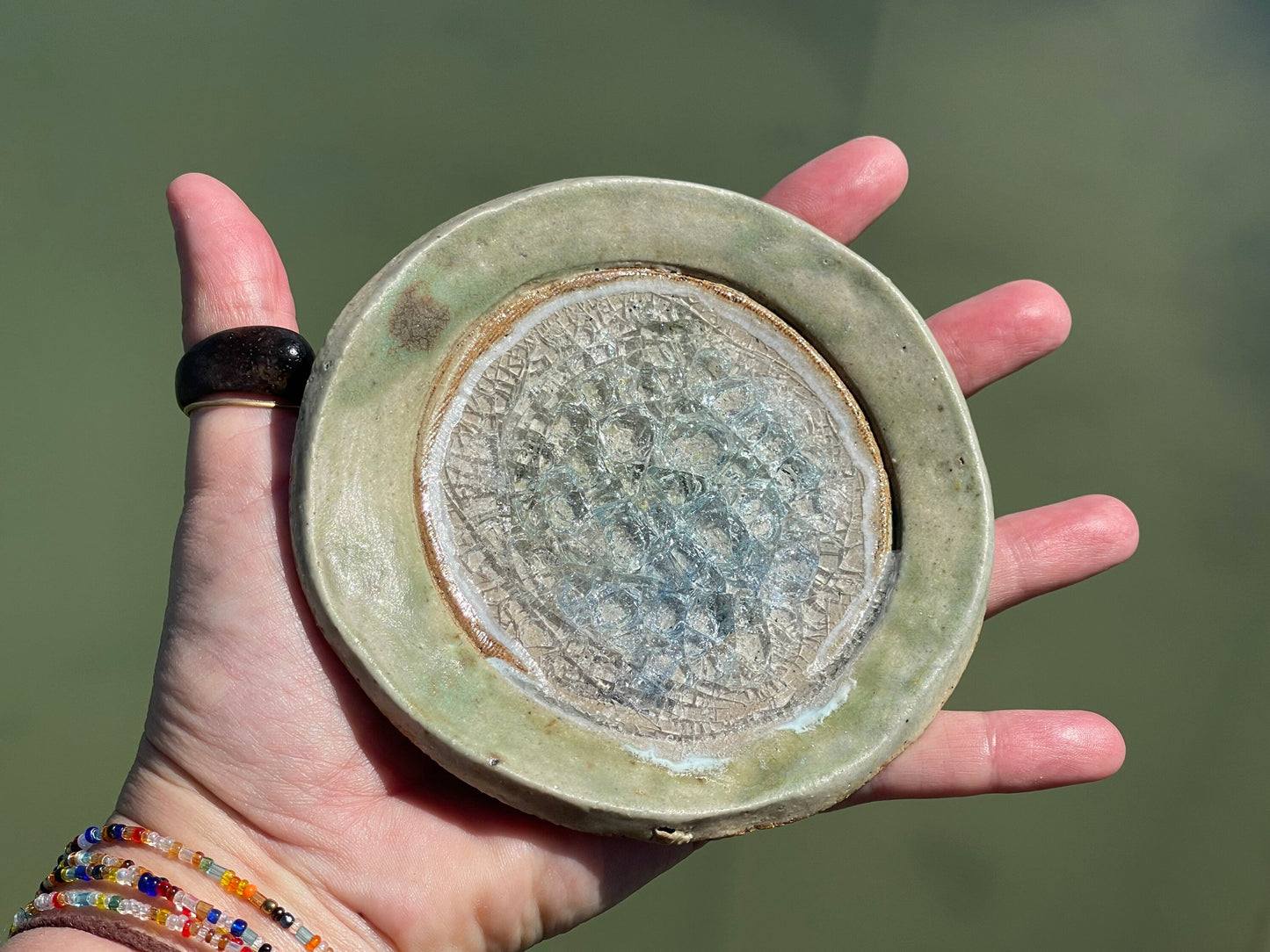 Recycled pottery ring dish made from old crystal glasses and recycled clay. Trinket dishes, jewellery dishes, eco friendly jewellery dish