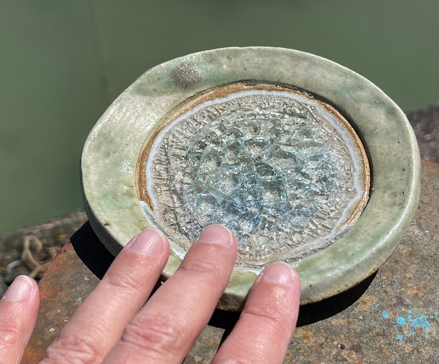 Recycled pottery ring dish made from old crystal glasses and recycled clay. Trinket dishes, jewellery dishes, eco friendly jewellery dish